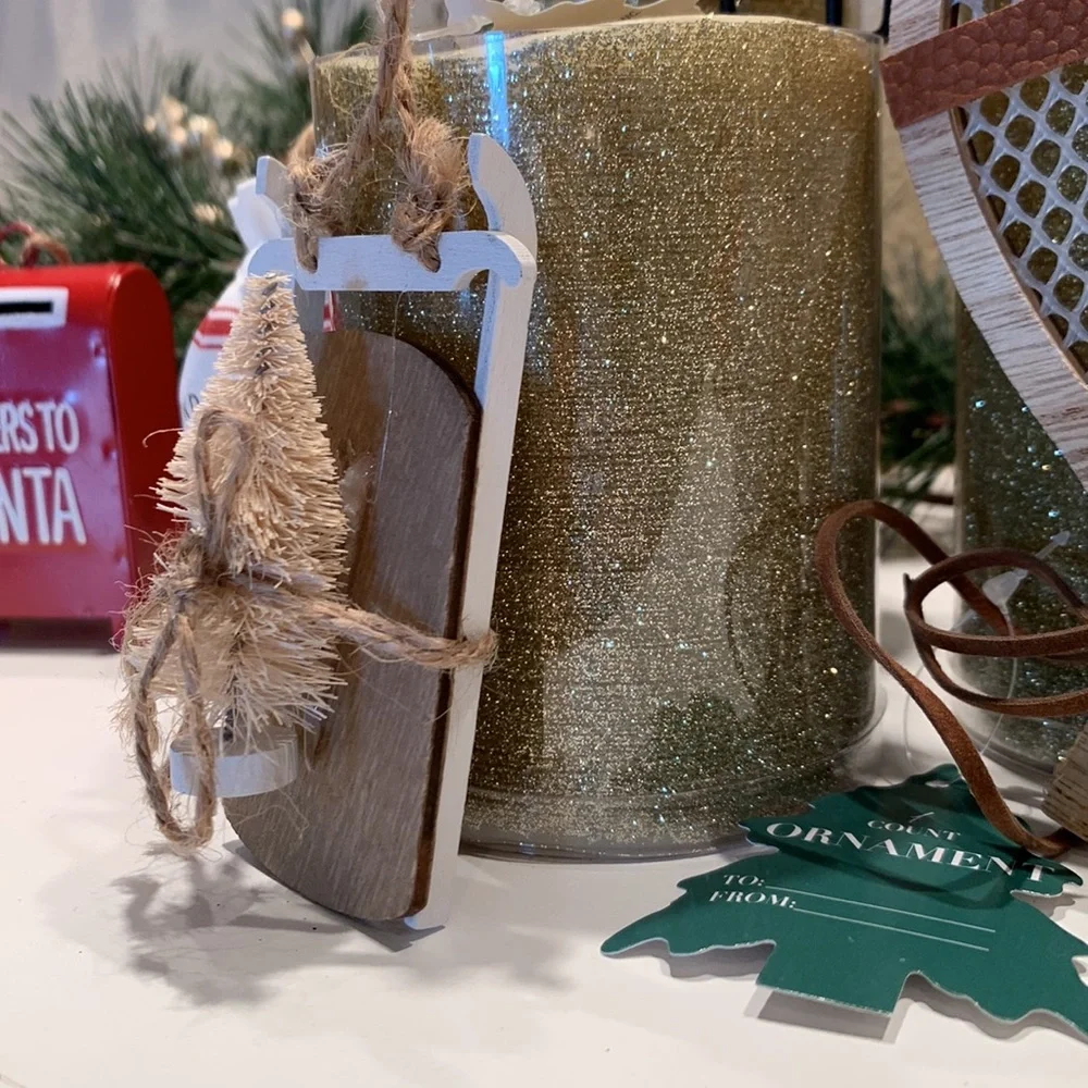 Target 6 ornaments rustic farmhouse ski lift mailbox sled santa letter bike snow